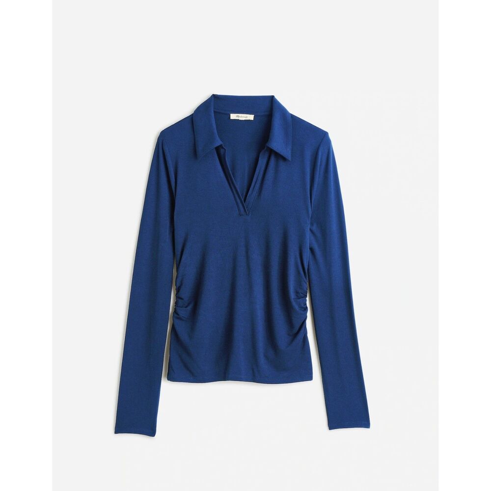 Madewell Side Cinch Bright Cobalt Polo Top XS Side Gathers Long Sleeves